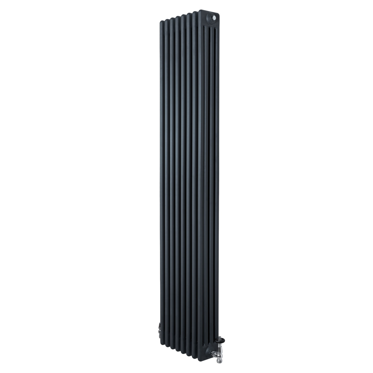Radiador tradicional de 4 columnas en gris antracita, con válvulas, diseño vertical y acabado liso, ideal para calefacción eficiente