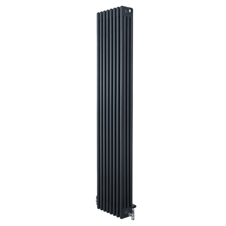 Radiador tradicional de 4 columnas en gris antracita, con válvulas, diseño vertical y acabado liso, ideal para calefacción eficiente