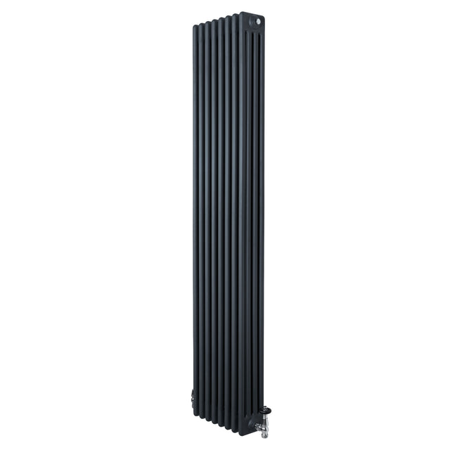 Radiador tradicional de 4 columnas en gris antracita, con válvulas, diseño vertical y acabado liso, ideal para calefacción eficiente