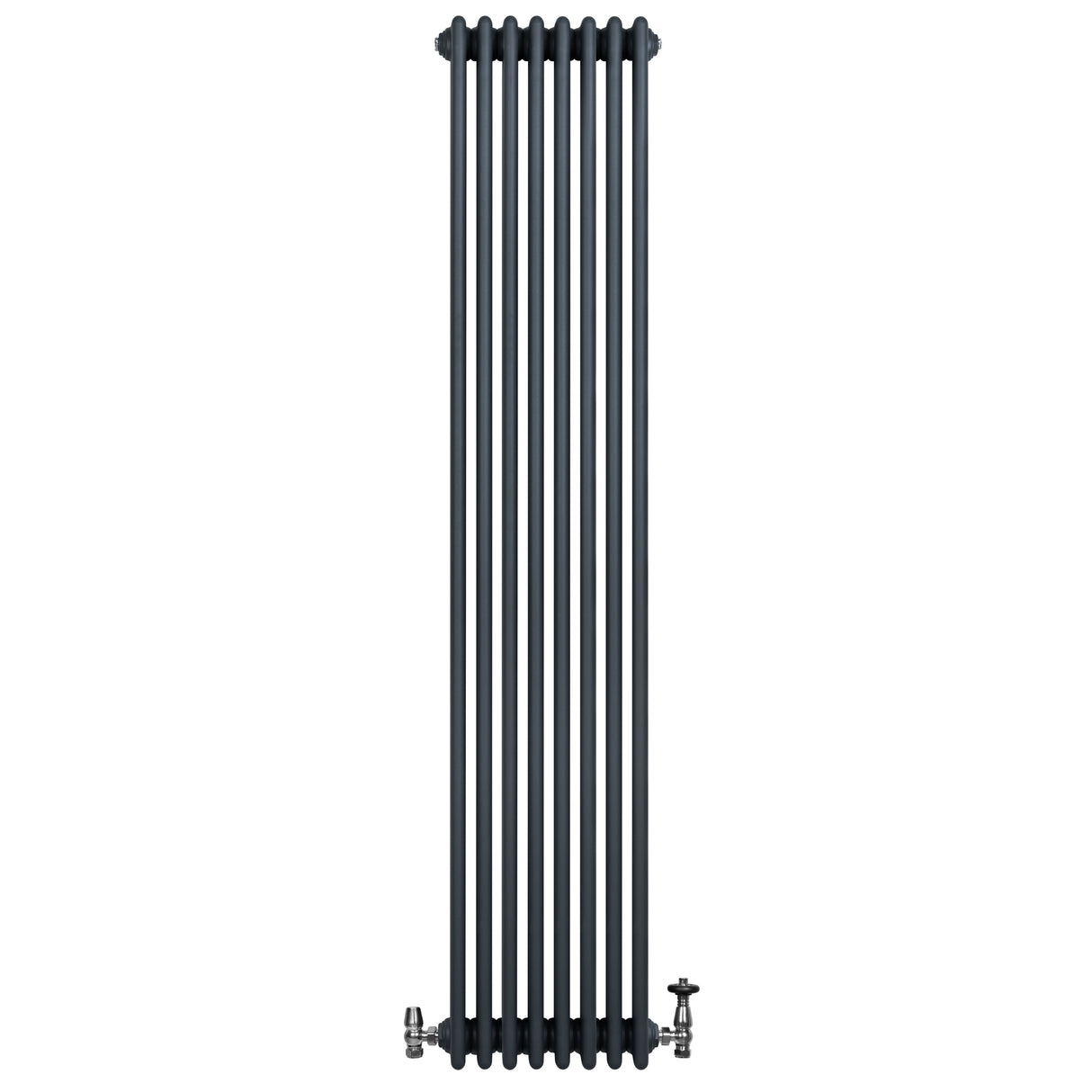 Radiador tradicional de 4 columnas en gris antracita, con válvulas, diseño vertical y acabado liso, ideal para calefacción eficiente