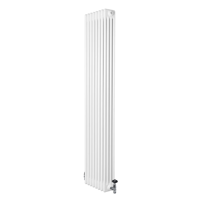 Radiador tradicional de 4 columnas en color blanco, con válvulas, diseño vertical y acabado liso, ideal para calefacción eficiente