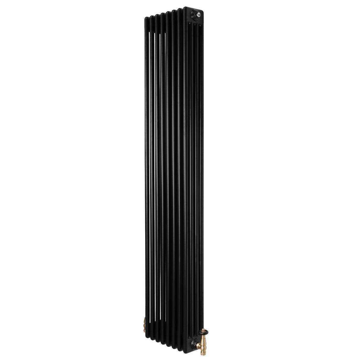 Radiador tradicional negro de 4 columnas, 1800 x 380 mm, con válvulas doradas, diseño elegante y acabado liso y moderno