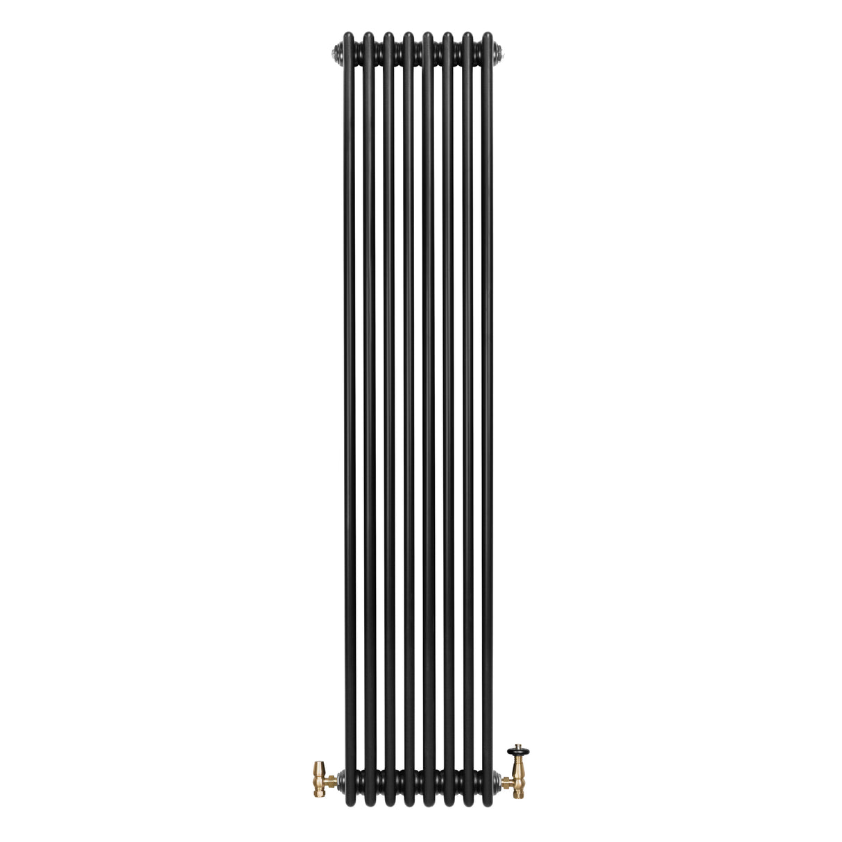 Radiador tradicional negro de 4 columnas, 1800 x 380 mm, con válvulas doradas y acabado liso, ideal para calefacción elegante