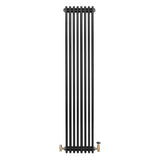 Radiador tradicional negro de 4 columnas, 1800 x 380 mm, con válvulas doradas y acabado liso, ideal para calefacción elegante