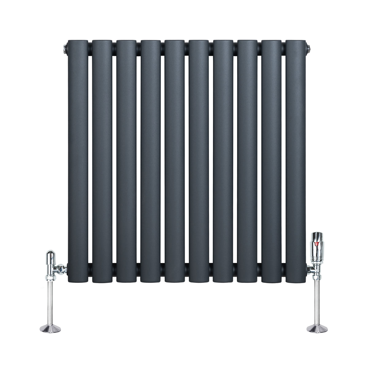 Radiador de columna ovalado en gris antracita, con diseño moderno y válvulas cromadas, ideal para calefacción eficiente