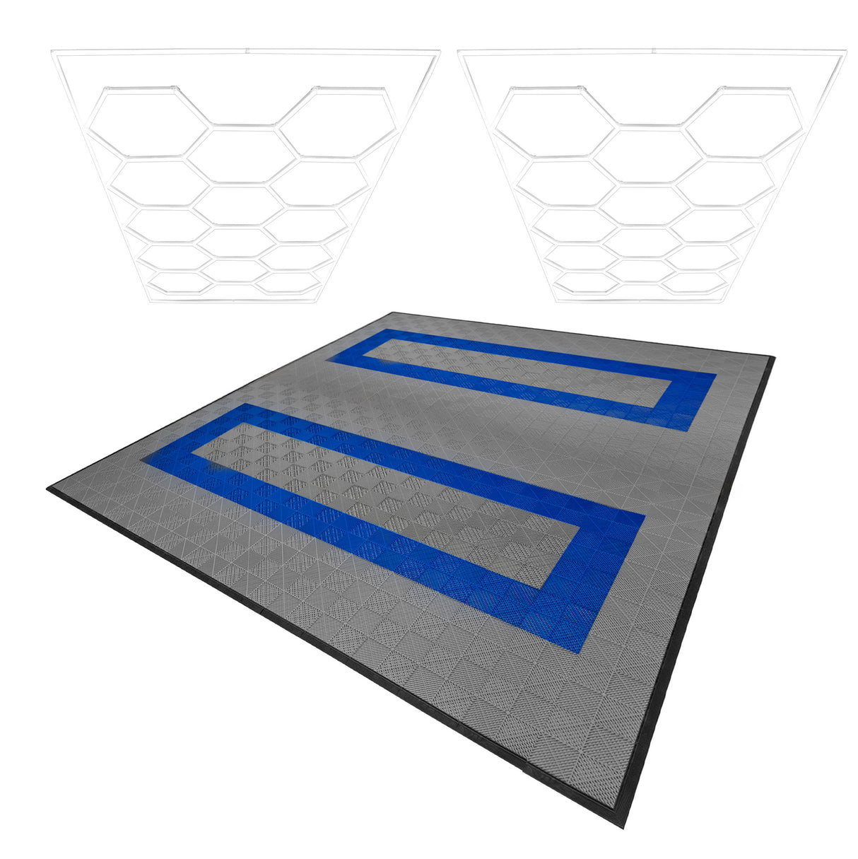 Baldosas Polipropileno (225un) y Bordes - Gris (165un) y Azul (60un) + Luz LED Hexagonal de Techo (x2)