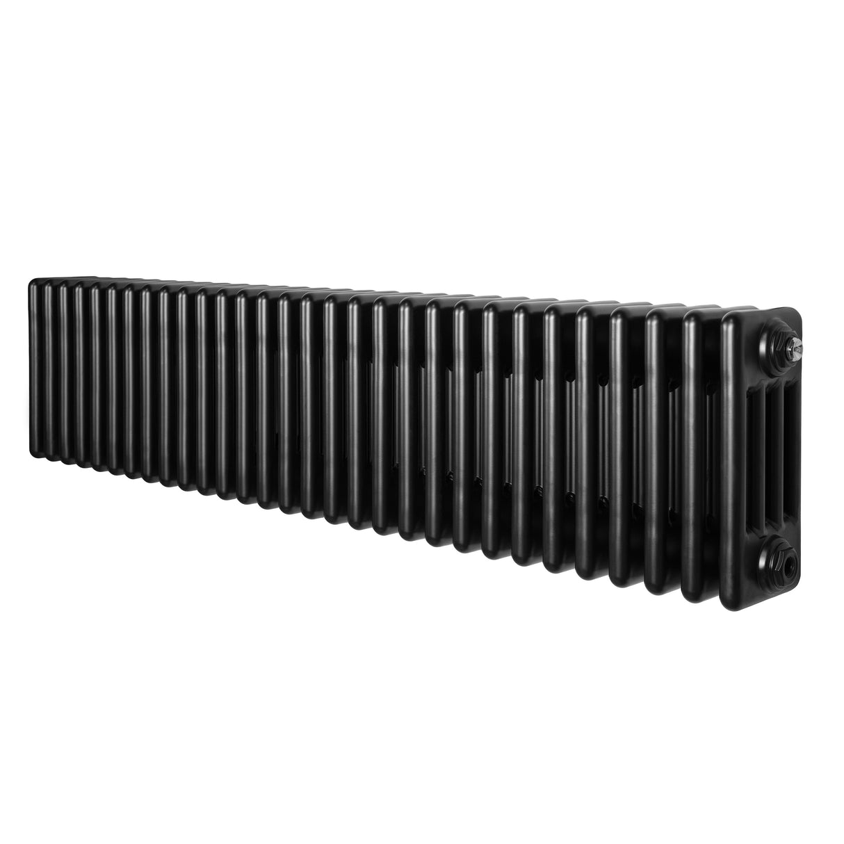 Radiador tradicional de 4 columnas en color negro, con un diseño alargado y superficie lisa, ideal para calefacción eficiente