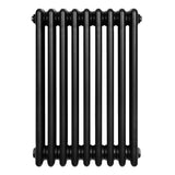 Radiador tradicional negro de 4 columnas, con un acabado liso y brillante, diseño compacto y elegante, ideal para espacios modernos