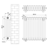 Radiador tradicional de 4 columnas en color blanco, dimensiones 600 x 605 mm, con un diseño elegante y acabado liso