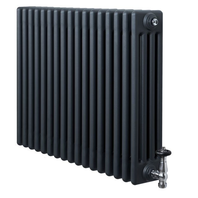 Radiador tradicional de 4 columnas en gris antracita, con válvulas metálicas brillantes y diseño rectangular, ideal para calefacción