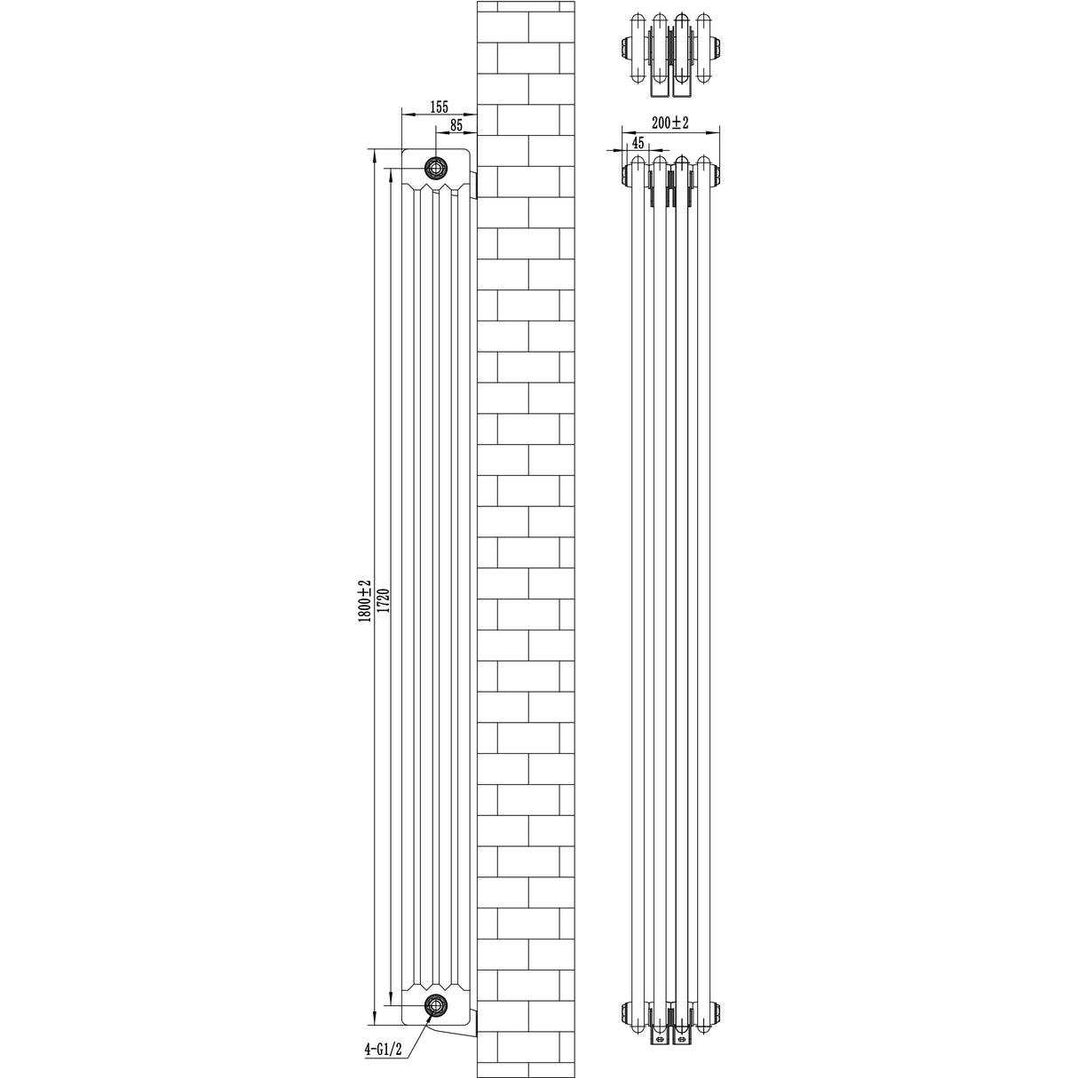 Radiador tradicional de 4 columnas en color blanco, dimensiones 1800 x 200 mm, con un diseño elegante y acabado liso