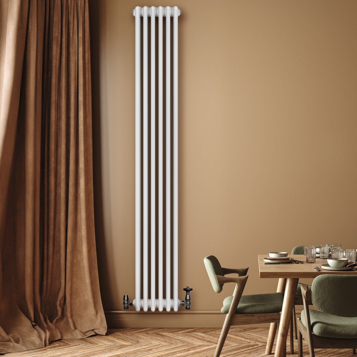Radiador tradicional de 4 columnas en color blanco, montado en pared, con diseño elegante que complementa un ambiente moderno y acogedor