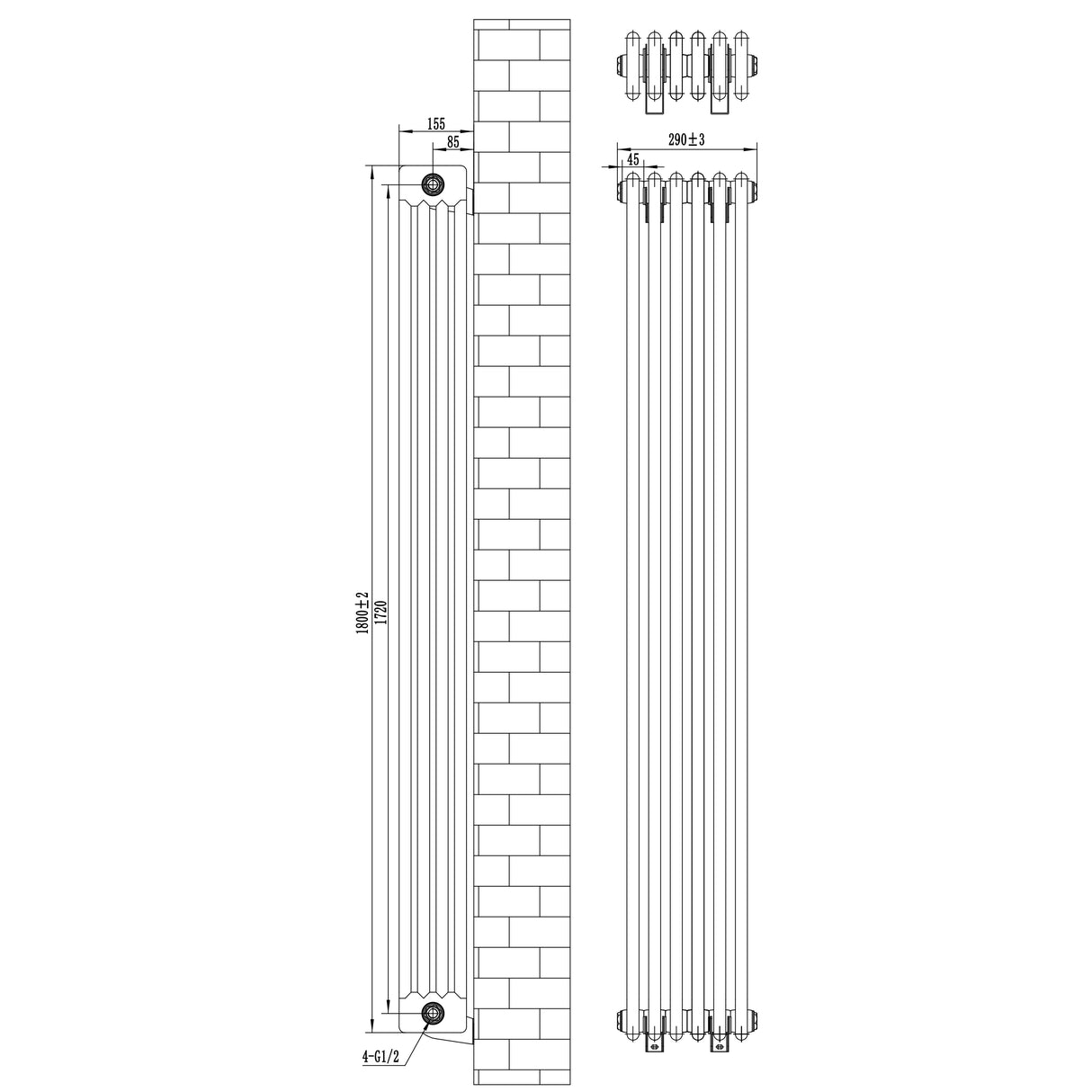 Radiador tradicional de 4 columnas en color blanco, dimensiones 1800 x 290 mm, con diseño elegante y acabado liso y brillante