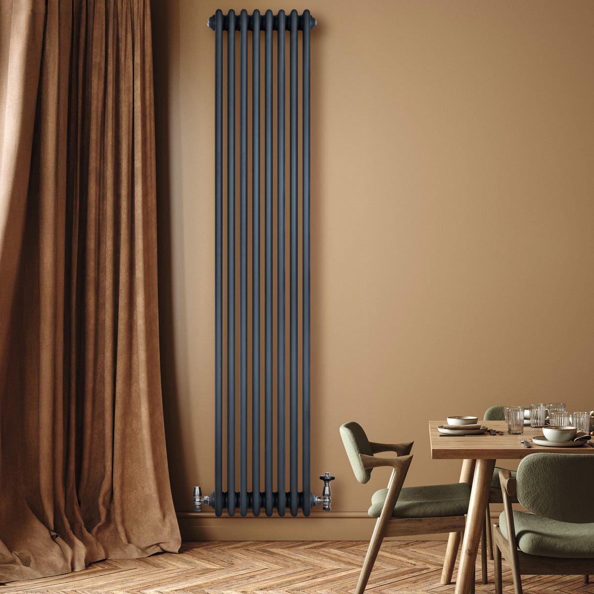 Radiador tradicional de 4 columnas en gris antracita, montado en pared, con un diseño elegante y acabado mate, ideal para decoración moderna