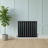 Radiador de columna única negro de 600 mm x 700 mm, con diseño elegante y moderno, colocado frente a una pared clara y planta decorativa