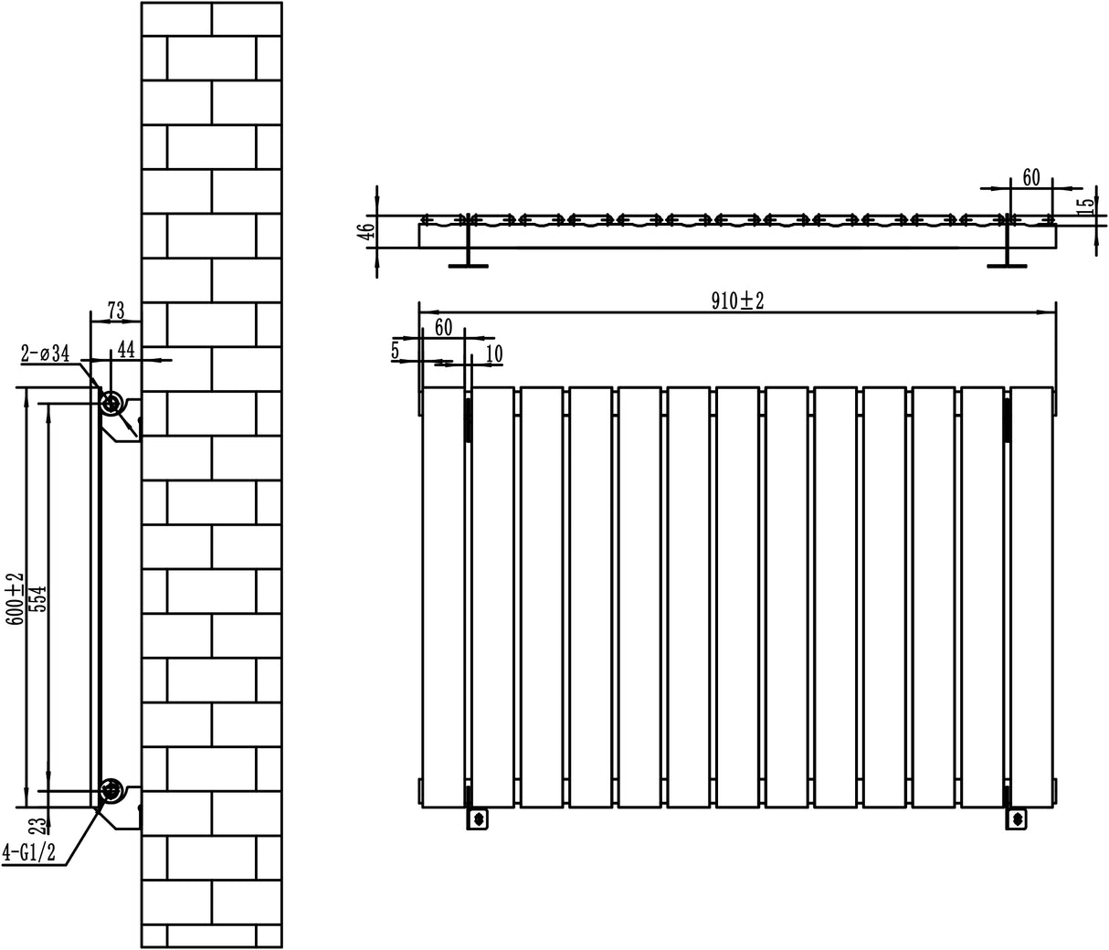 Radiador de columna única negro de 600 mm x 910 mm, con diseño rectangular y líneas verticales, ideal para calefacción eficiente