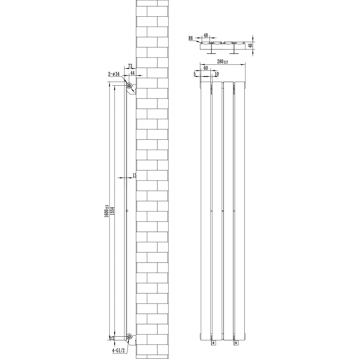 Radiador de columna única blanco de 1600 mm x 280 mm, con diseño elegante y líneas rectas, ideal para espacios modernos