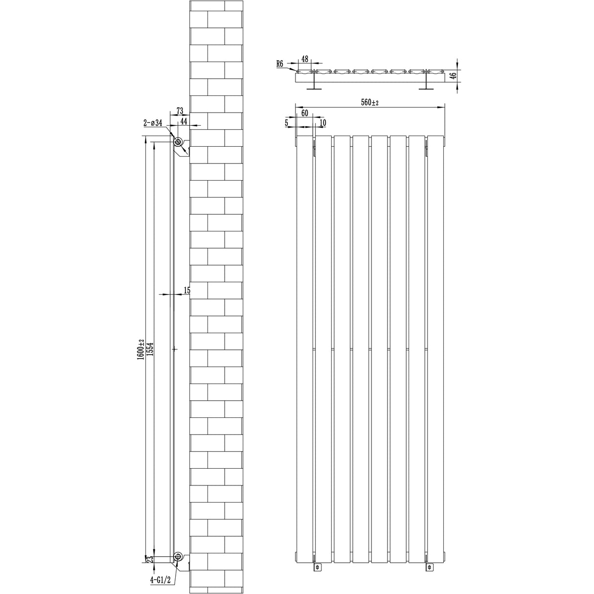 Radiador de columna única gris antracita, dimensiones 1600 mm x 560 mm, diseño vertical con líneas rectas y acabado liso
