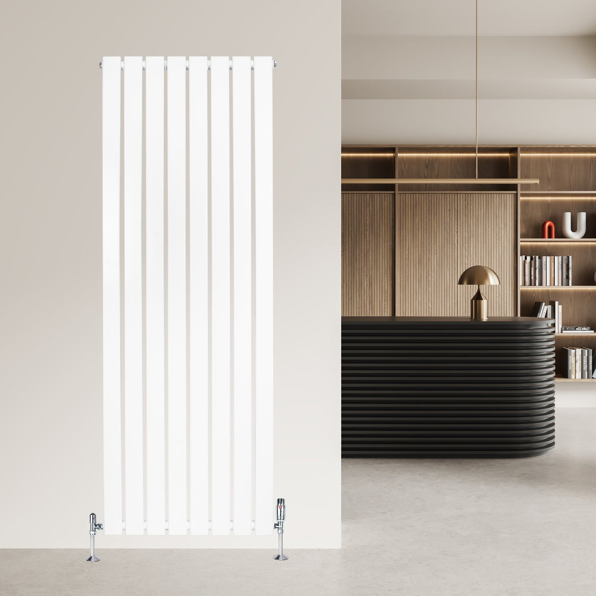 Radiador de columna única blanco de 1600 mm x 560 mm, con diseño vertical y acabado liso, ideal para espacios modernos y minimalistas