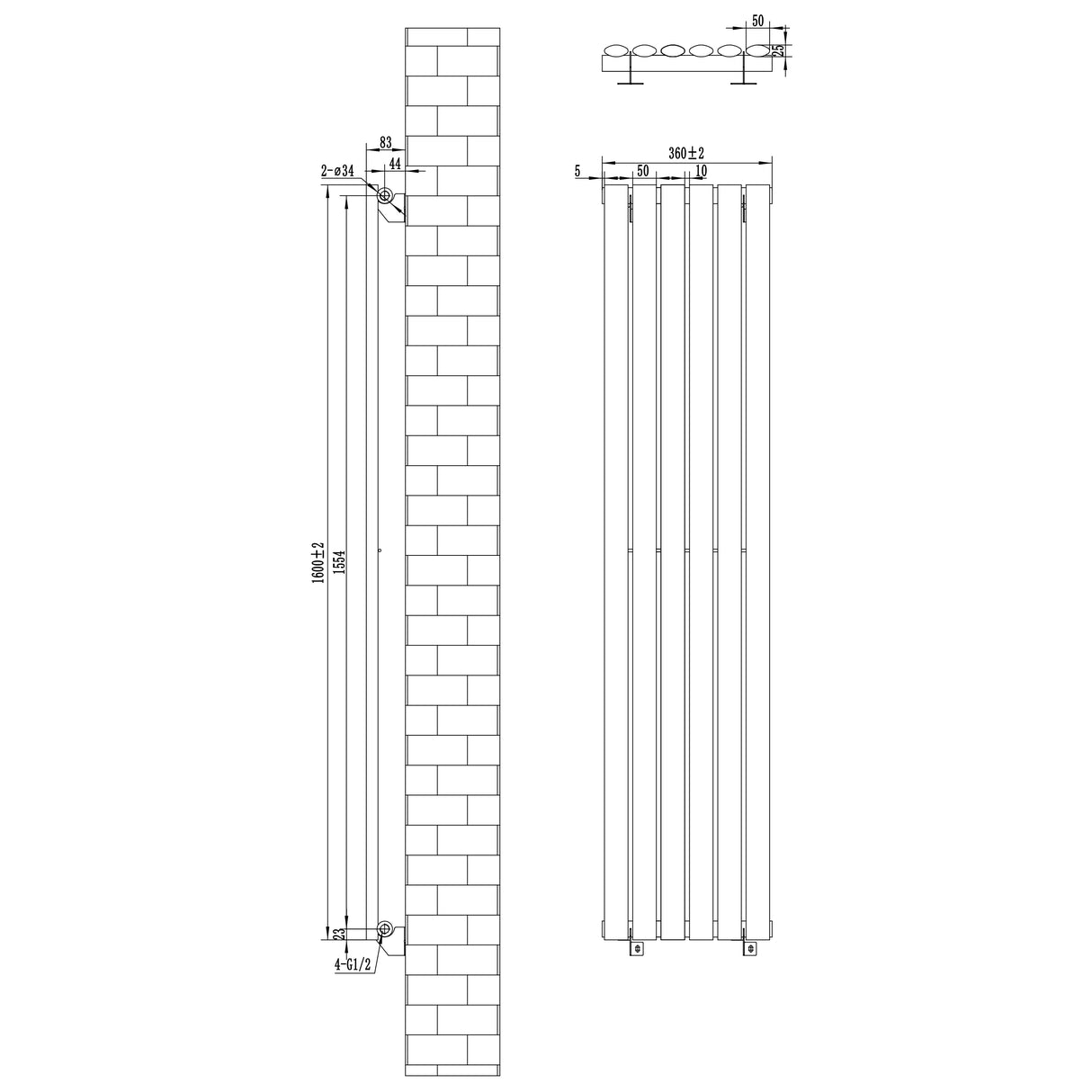 Radiador de columna ovalado en gris antracita, dimensiones 1600 mm x 360 mm, diseño moderno y elegante, ideal para espacios contemporáneos