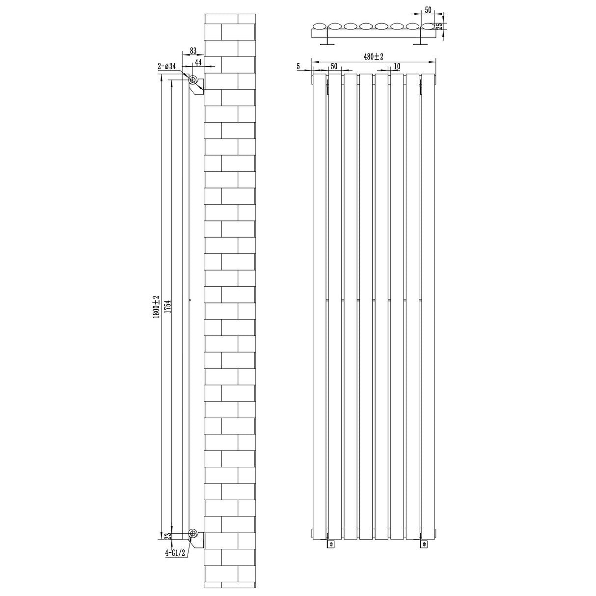 Radiador de columna ovalado negro de 1800 mm x 480 mm, con diseño elegante y acabado liso, ideal para calefacción moderna