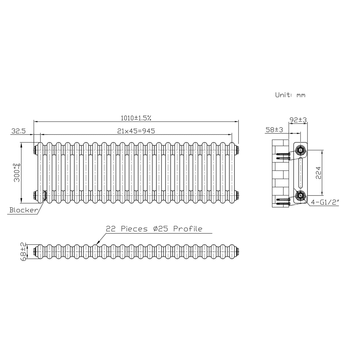 Radiador Tradicional de 2 Columnas - 300 x 1010mm - Metal Crudo