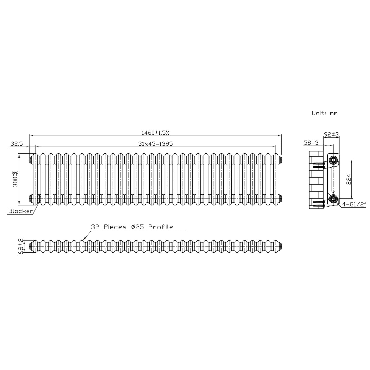 Radiador Tradicional de 2 Columnas - 300 x 1460mm - Metal Crudo
