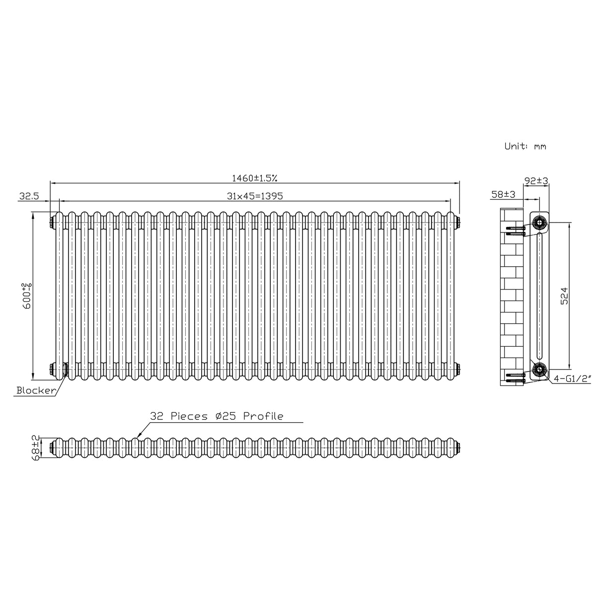 Radiador Tradicional de 2 Columnas - 600 x 1460mm - Metal Crudo
