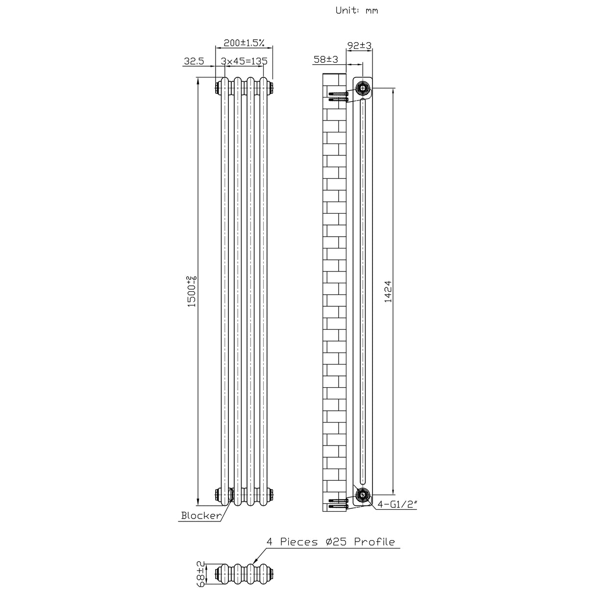 Radiador Tradicional de 2 Columnas - 1500 x 200mm - Metal Crudo