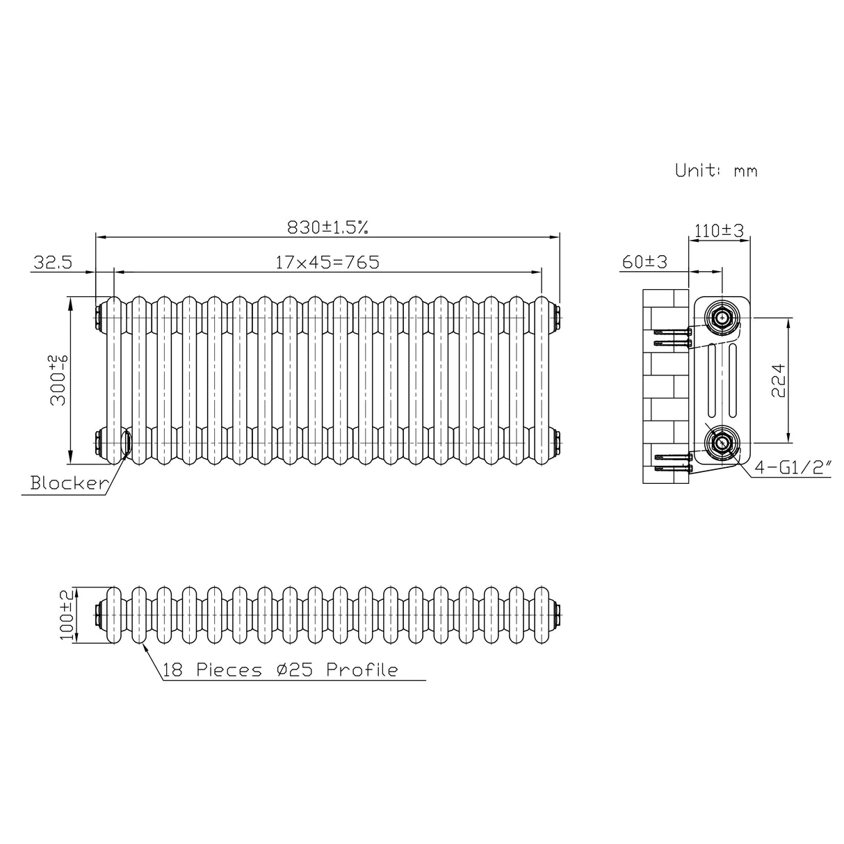 Radiador Tradicional de 3 Columnas - 300 x 650mm - Metal Crudo