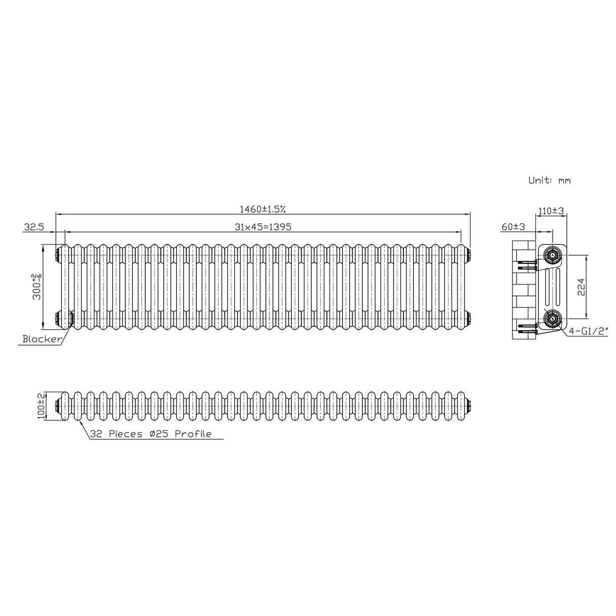 Radiador Tradicional de 3 Columnas - 300 x 1460mm - Metal Crudo