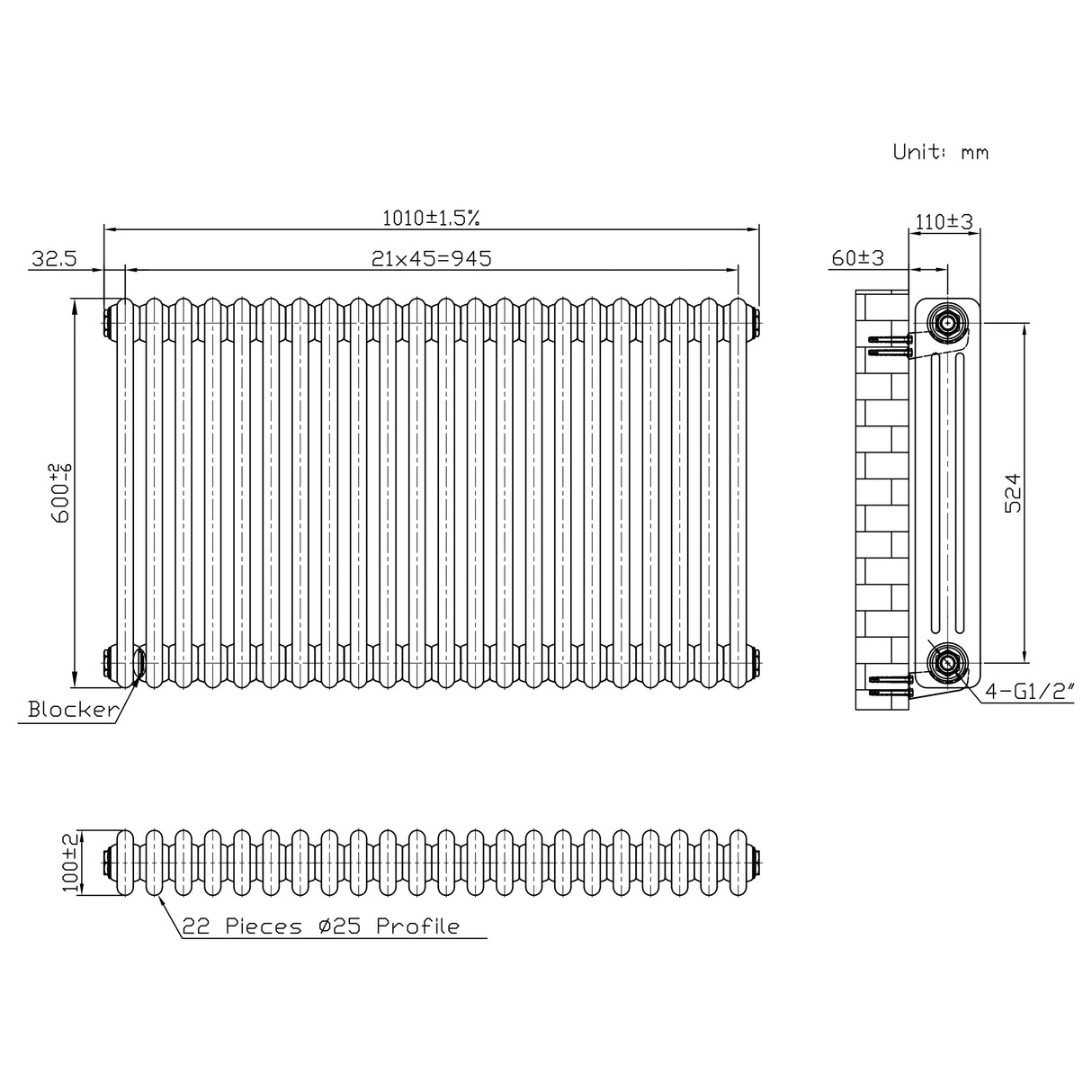 Radiador Tradicional de 3 Columnas - 600 x 1010mm - Metal Crudo
