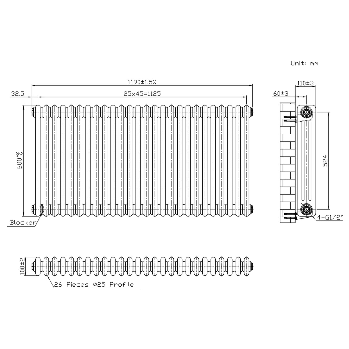 Radiador Tradicional de 3 Columnas - 600 x 1190mm - Metal Crudo