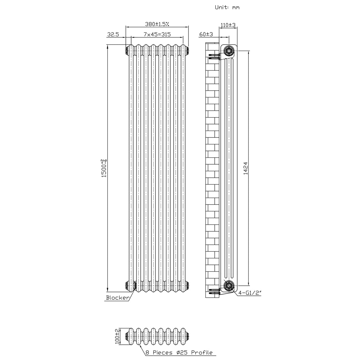 Radiador Tradicional de 3 Columnas - 1500 x 380mm - Metal Crudo