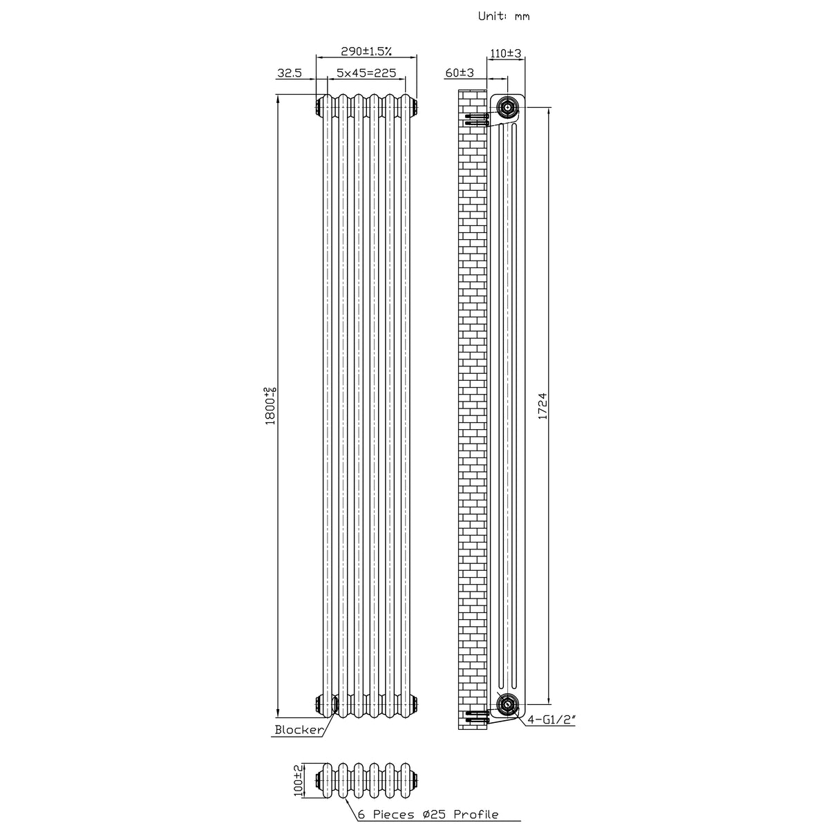 Radiador Tradicional de 3 Columnas - 1800 x 290mm - Metal Crudo
