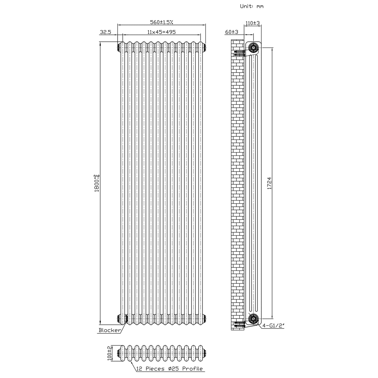 Radiador Tradicional de 3 Columnas - 1800 x 560mm - Metal Crudo