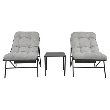 Conjunto de jardín de 3 piezas en gris, incluye dos sillones acolchados y una mesa de metal con superficie lisa y patas delgadas