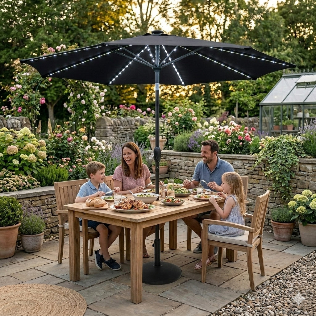 Parasol LED Inclinable 2,7 m con Base – Negro