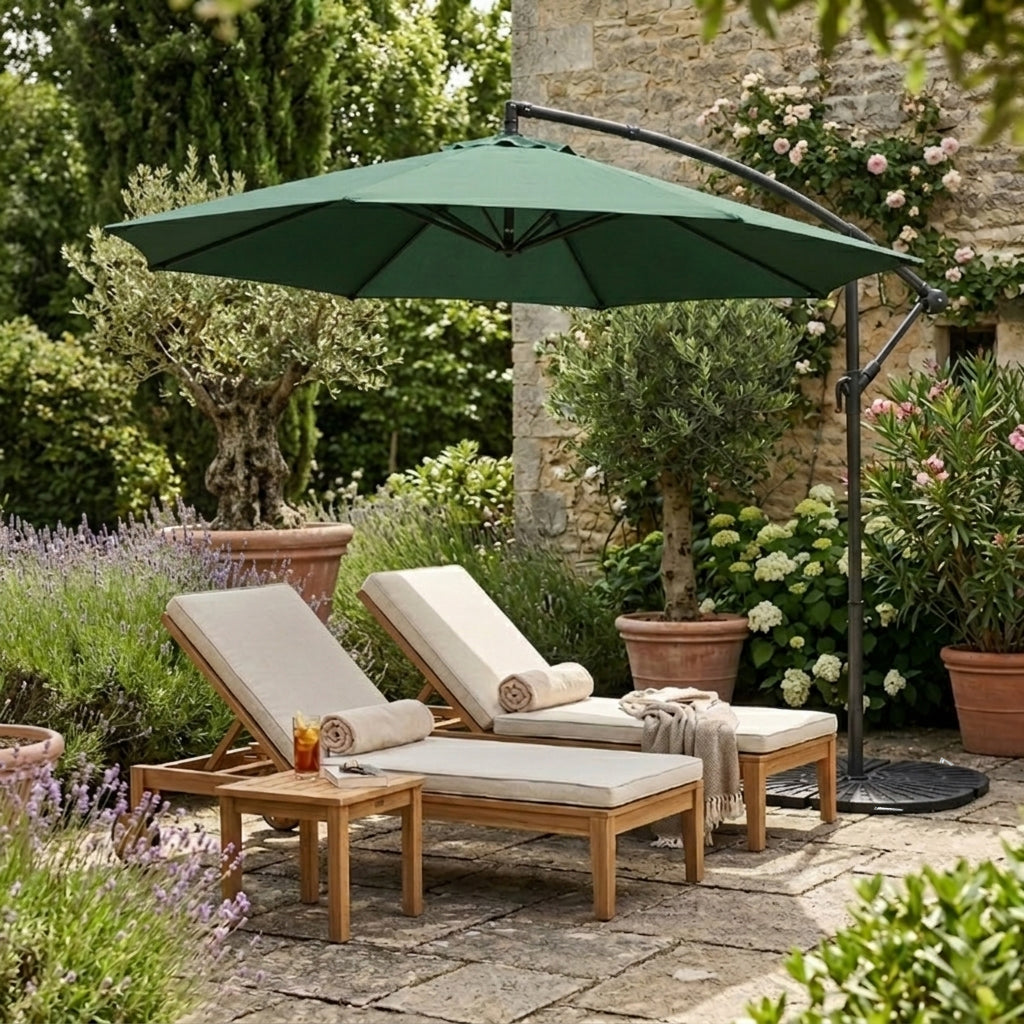 Parasol Excéntrico de 3 m con Base de Abanico Completo – Verde