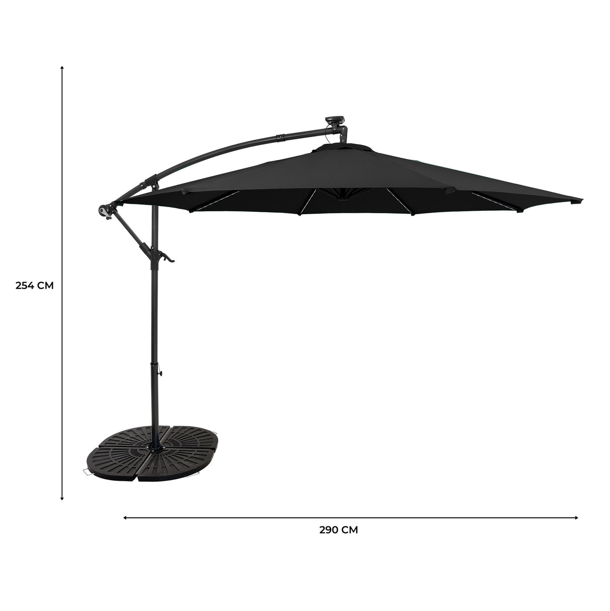 Parasol Excéntrico LED de 3 m con Base de Abanico Completo – Negro