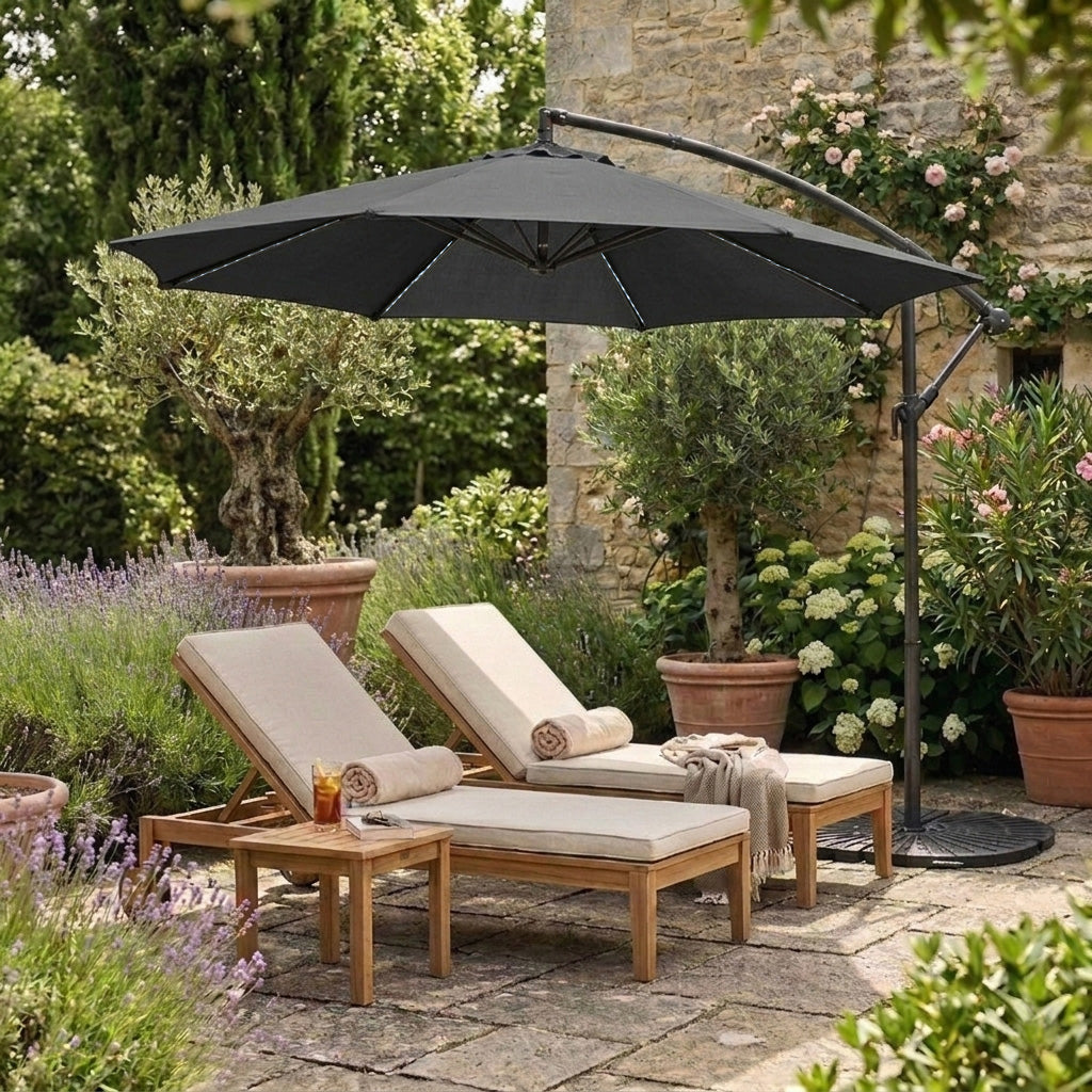 Parasol Excéntrico LED de 3 m con Base de Abanico Completo – Gris