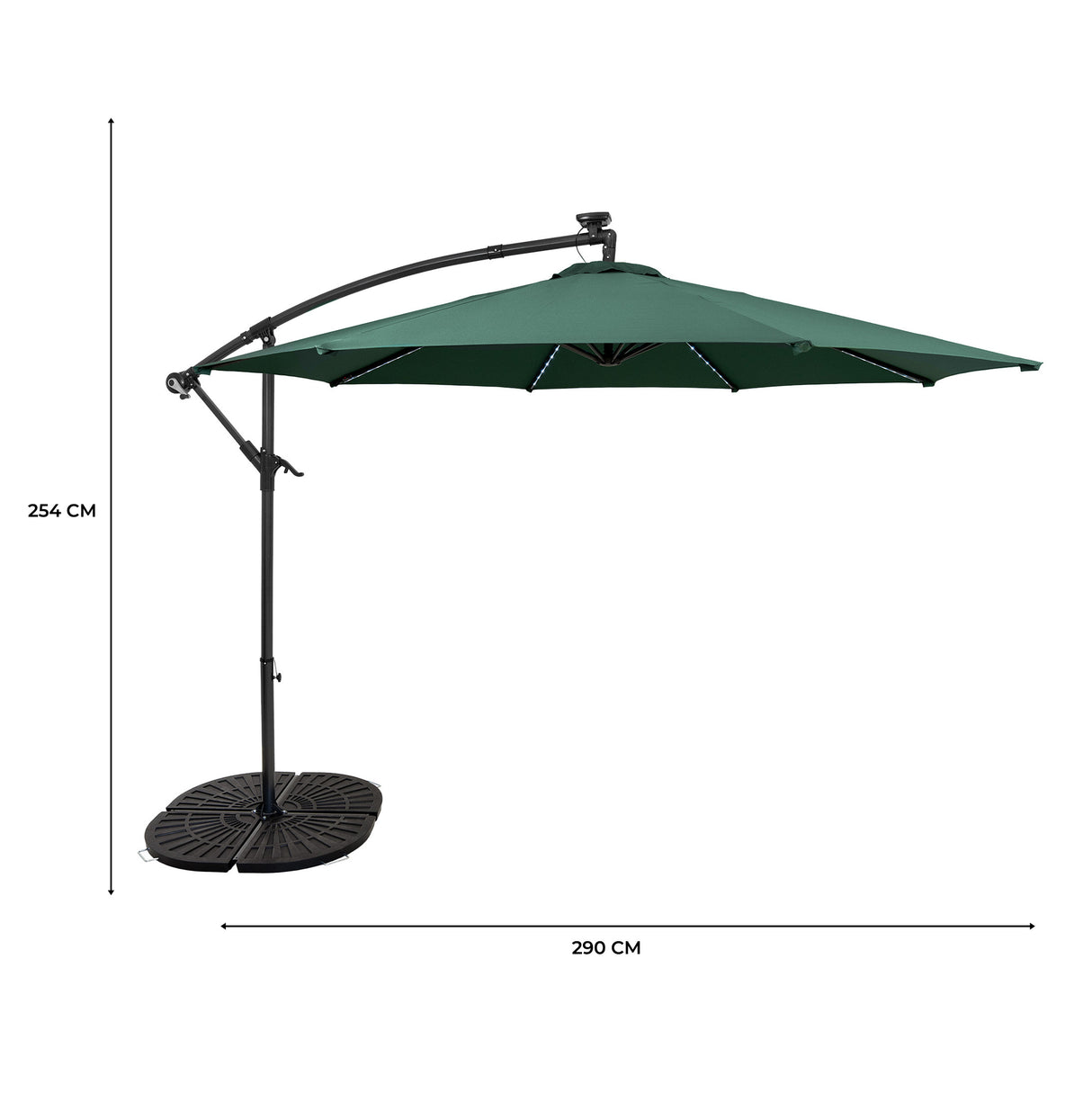 Parasol Excéntrico LED de 3 m con Base de Abanico Completo – Verde