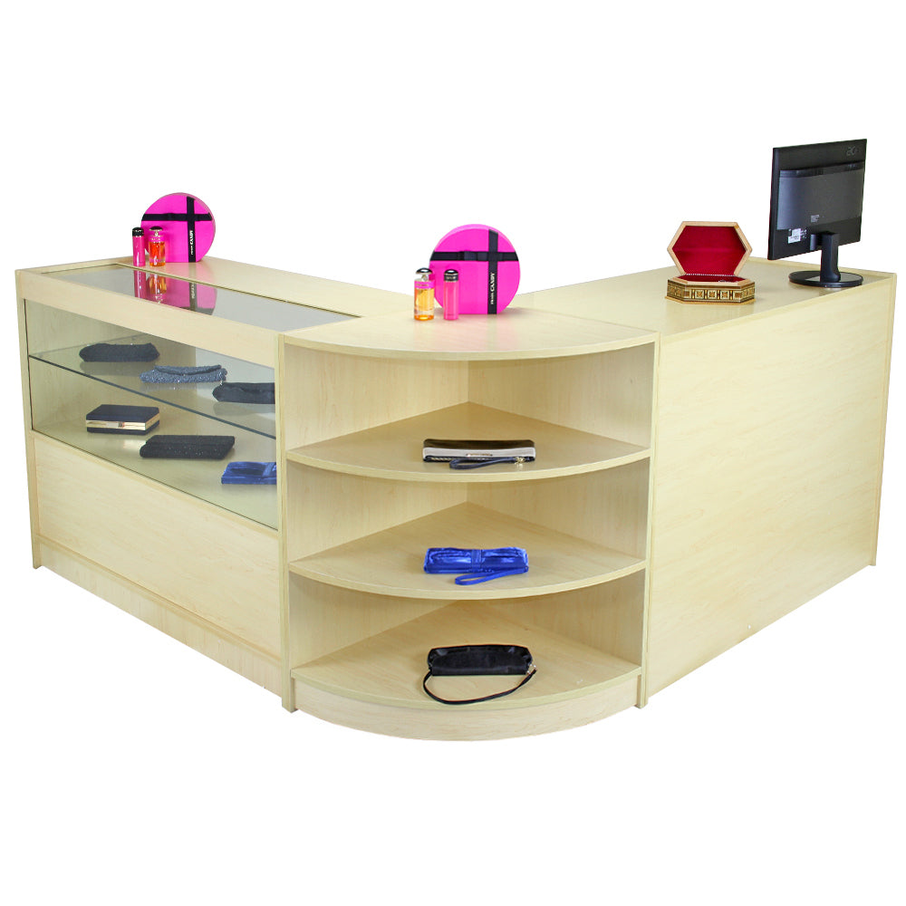 Conjunto de mostrador y expositor para tienda Nova Maple