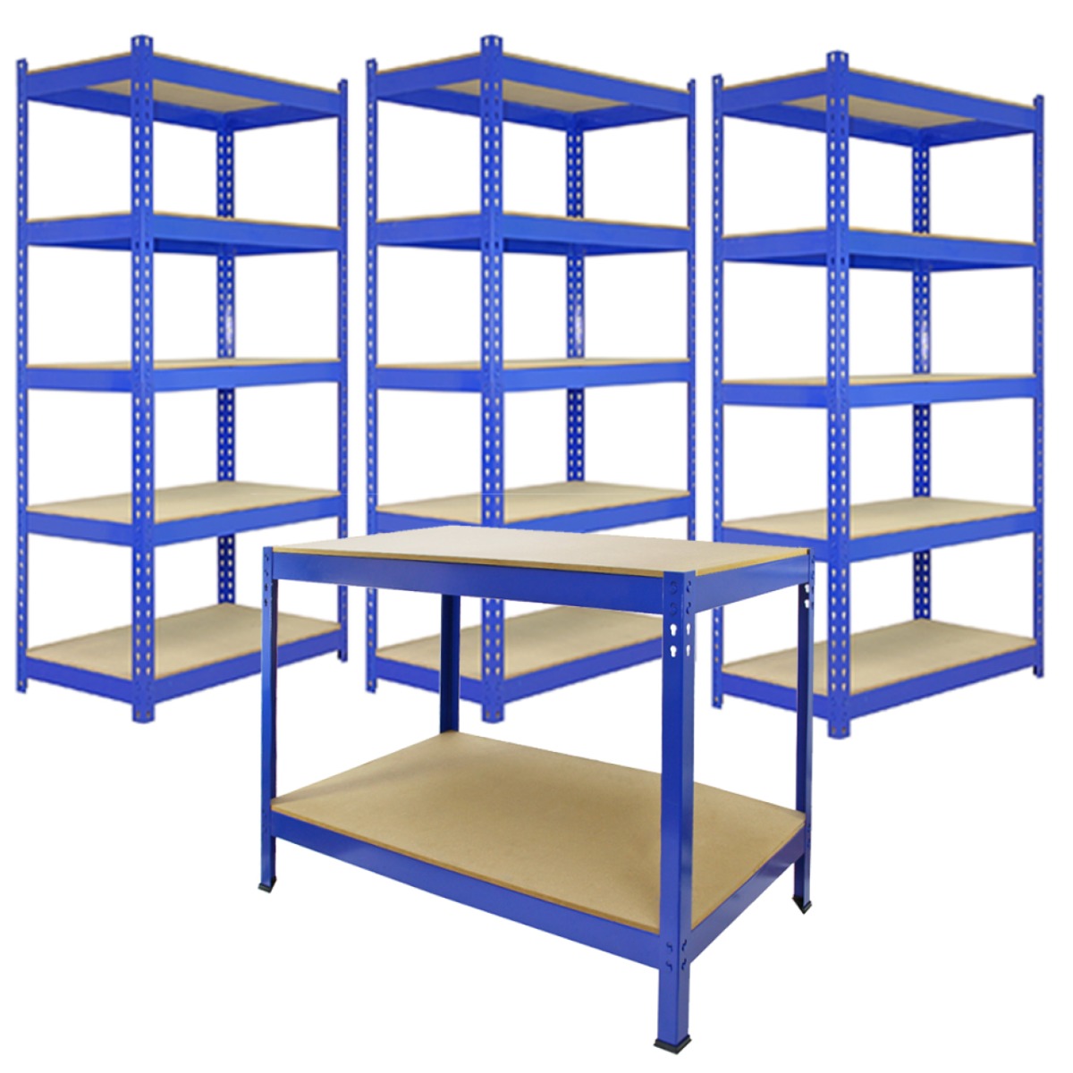 3 x Unidades de estantería metálicas Q-Rax en color azul de 90 cm, banco de trabajo y mazo de goma.
