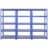 3 x Unidades de estantería metálicas Q-Rax en color azul de 90 cm, banco de trabajo y mazo de goma.