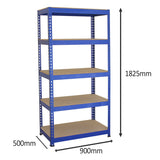 3 x Unidades de estantería metálicas Q-Rax en color azul de 90 cm, banco de trabajo y mazo de goma.