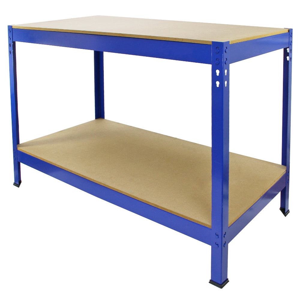 3 x Unidades de estantería metálicas Q-Rax en color azul de 90 cm, banco de trabajo y mazo de goma.