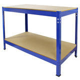 3 x Unidades de estantería metálicas Q-Rax en color azul de 90 cm, banco de trabajo y mazo de goma.