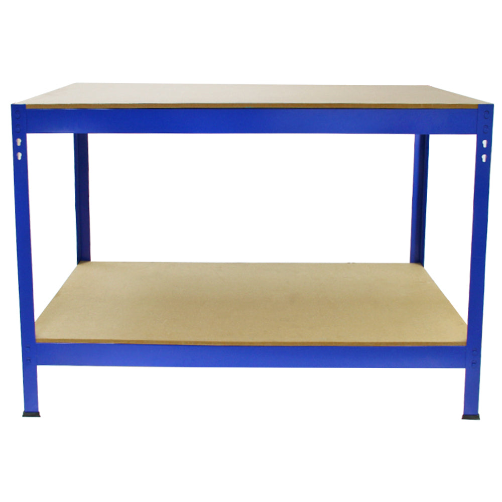 3 x Unidades de estantería metálicas Q-Rax en color azul de 90 cm, banco de trabajo y mazo de goma.