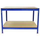 3 x Unidades de estantería metálicas Q-Rax en color azul de 90 cm, banco de trabajo y mazo de goma.